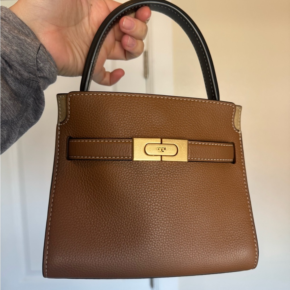 Tory Burch Brown/Black Leather Bag Lee Radiwitz Petite with Gold Hardware